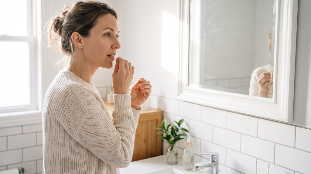 Woman flossing her teeth at a bathroom mirror in morning light as part of a daily gum care routine